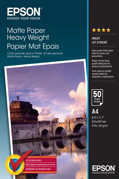 Epson Papel Mate de Alto Gramaje, A4, 50 Hojas de 167g. Matte Paper Heavy Weight