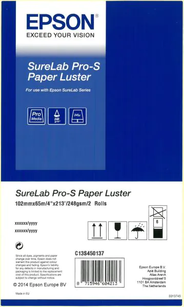 Epson Surelab SL-D700/800/1000 Papel Inkjet 10,2x65 Lustre Caja con 2 Rollos
