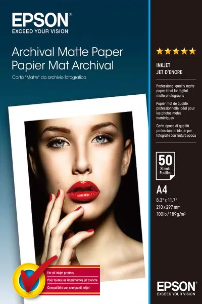 Epson Papel Mate Larga Duracion (Archival Matte Paper) A4, 50 Hojas, 192g.